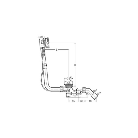 Multiplex Trio-komplet odpływowo-przelewowy Visign MT5 nr wzoru 6161.60 DN: 40/50 długość cięgna Bowdena: 725 L: 130–370 H: 180–430 wanna z odpływem pośrodku do wanien z otworem odpływowym fi 52