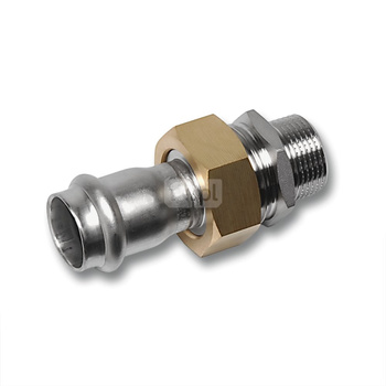 Śrubunek SANHA NiroSan Press z uszczelką i nakrętką z mosiądzu trzyczęściowy, stal nierdzewna, 18 mm x 1/2'' (zw x GZ)