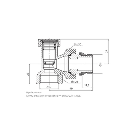 PHA-033A G1/2 WZ PN10 DN15 Zawór grzejnikowy odcinający K gwint samouszczelniający CuZn-C PN-M-75002