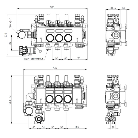 ProCalida CC 1 na 3 obiegi grzewcze, rotametry 0,75÷3,75 l/min