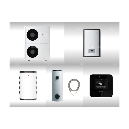 Pompa ciepła powietrzna powietrze-woda monoblok SAUNIER DUVAL GeniaAir HA 12-6 O 12.2 kW 400 V + Moduł naścienny HE 9-6 WB + Moduł komunikacji internetowej SR 940f + Zasobnik c.w.u. FEW 300 + Zasobnik buforowy WN RW 50 + Regulator SRC 720