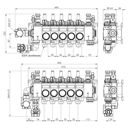 ProCalida CC 1 na 5 obiegów grzewczych, rotametry 0,75÷3,75 l/min
