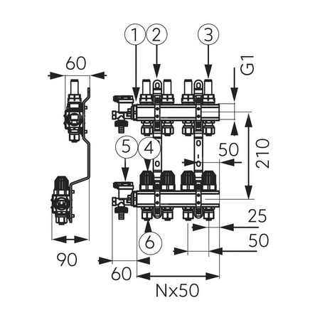 Rozdzielacz mosiężny z zaworami termostatycznymi i przepływomierzami, 16-drogowy