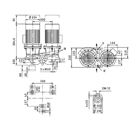 Pompa obiegowa WILO CronoTwin-DL 32/150-0,37/4-S1 typu in-line z silnikiem znormalizowanym 50 Hz, moc silnika 0.37kW 1.06 A 1450 obr/min, wlot Kołnierz DN 32