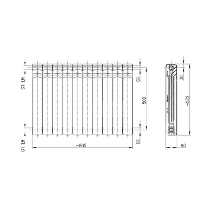 Grzejnik żeberkowy KFA Armatura G500F/10 aluminium, podłączenie boczne 572 x 805 mm, kolor biały (RAL 9010)