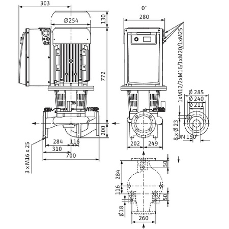 Pompa obiegowa WILO CronoLine-IL-E 150/190-5,5/4-R1-S1 typu in-line z silnikiem znormalizowanym 50/60 Hz, moc silnika 5.5kW 9.6 A 1450 obr/min, wlot Kołnierz DN 150