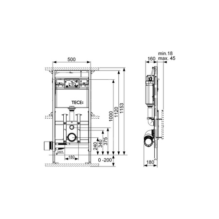 Stelaż podtynkowy do WC TECE lux, 1120 x 500 x 180 mm, regulowana wysokość, ze spłuczką