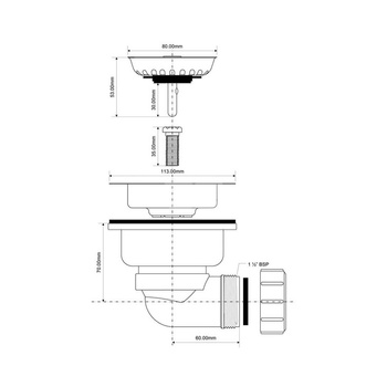 Spust zlewozmywakowy odejście poziome 11/2"x113mm z sitkiem wyciąganym ze stali nierdzewnej