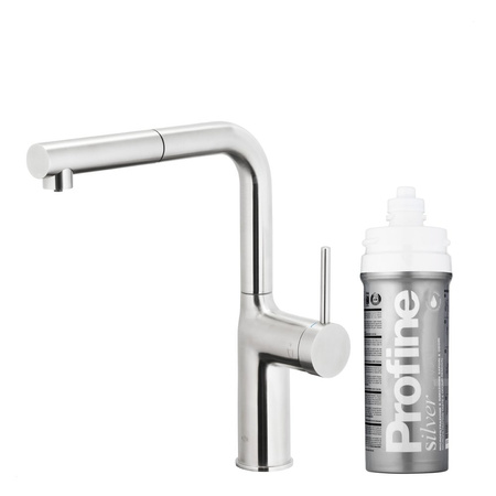 DUERO PURE MOVE PULL-OUT Bateria kuchenna z funkcją filtracji wody i wyciąganą wylewką, Stal nierdzewna + Zestaw filtrujący PROFINE Silver S