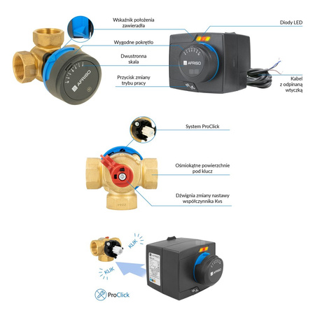 Zawór obrotowy trójdrogowy AFRISO ARV 382 Vario ProClick, mieszający, Siłownik elektryczny ARM 343, DN 20