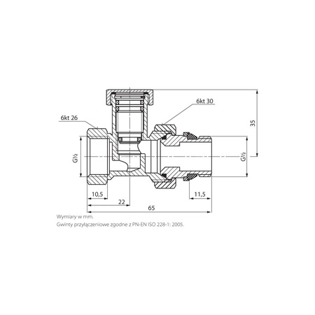 PHA-031A G1/2 WZ PN10 DN15 Zawór grzejnikowy odcinający P gwint samouszczelniający CuZn-C PN-M-75002