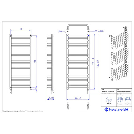 Grzejnik elektryczny (suszarka) INSTAL-PROJEKT BOLERO ELECTRO, wym. 1230 (1335 z grzałką)/500 mm, kolor biały połysk,  moc 600 W