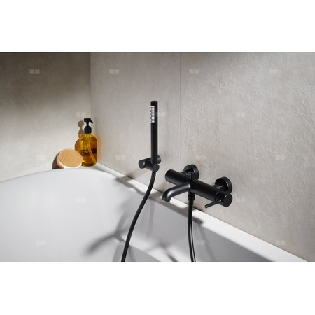 MOZA BATERIA WANNOWA POZIOMA, ŚCIENNA + ZESTAW NATRYSKOWY PUNKTOWY PREMIUM, CZARNA