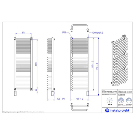 Grzejnik elektryczny (suszarka) INSTAL-PROJEKT STANDARD 3D ELECTRO, wym. 1173 (1278 z grzałką)/400 mm, kolor biały połysk,  moc 900 W