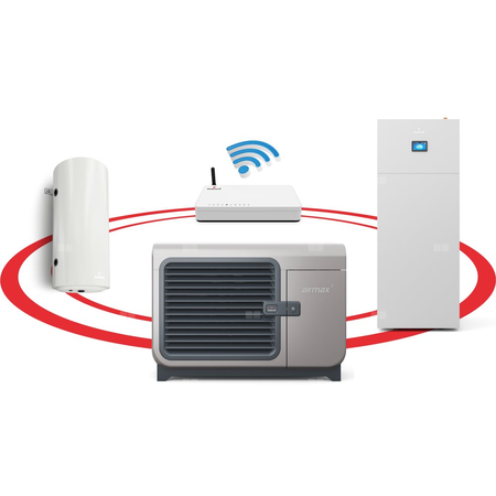 Hybrydowy system grzewczy: pompa ciepła 3F R290 Airmax3  12GT (3-15 kW) + szafa hydrauliczna Onebox z wymiennikiem c.w.u. do pomp ciepła Tower Grand 190 z kompletem elektrycznym 2kW + bufor 120 + centrala Smart Home Sinum