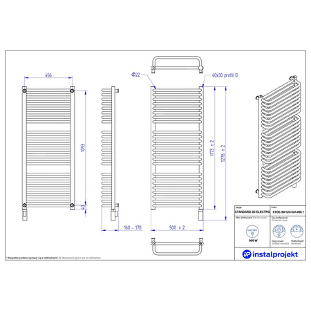 Grzejnik elektryczny (suszarka) INSTAL-PROJEKT STANDARD 3D ELECTRO, wym. 1173 (1278 z grzałką)/500 mm, kolor biały połysk,  moc 900 W