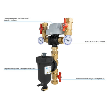 Zespół powrotu do pompy ciepła AMB Lite z zaworem przełączającym USV, separatorem zanieczyszczeń ADS 160, DN20, przyłącza G1"