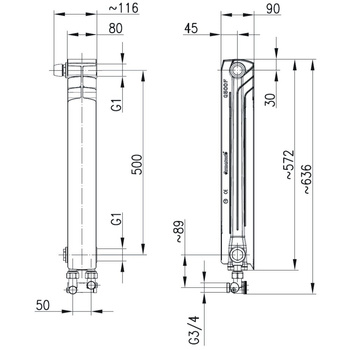Grzejnik żeberkowy KFA Armatura G500F/D/1 aluminium, podłączenie dolne, lewe, kątowe 572 x 80 mm, kolor biały (RAL 9016)