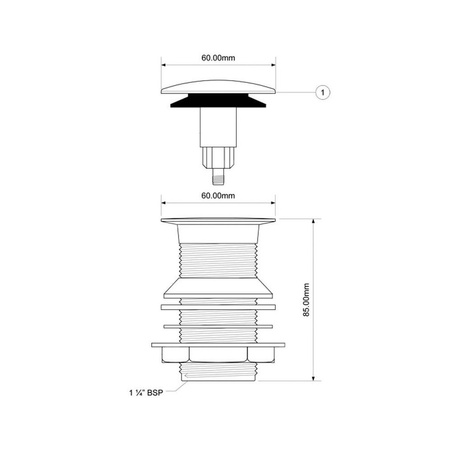 Spust umywalkowy klik-klak kwadratowy DEKORACYJNY 11/4x70mm bez przelewem CHROM