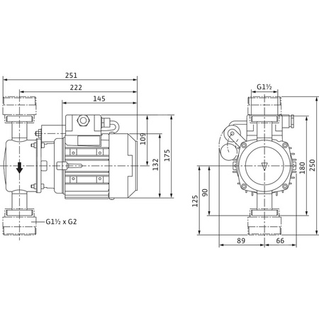Pompa obiegowa WILO VeroLine-IP-Z 25/2 EM typu in-line z silnikiem znormalizowanym 50 Hz, moc silnika 0.06kW 0.85 A 1365 obr/min, wlot GZGW 1 1/2''