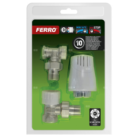 Zestaw termostatyczny kątowy 1/2” z zaworem z nastawą wstępną i głowicą z ograniczeniem od 16 st.C