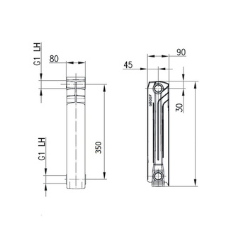 Grzejnik żeberkowy KFA Armatura G350F aluminium, podłączenie boczne 422 x 80 mm, kolor biały (RAL 9010)