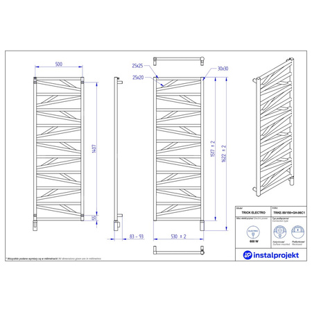 Grzejnik elektryczny (suszarka) INSTAL-PROJEKT TRICK ELECTRO, wym. 1517 (1622 z grzałką)/530 mm, kolor czarny, moc 600 W