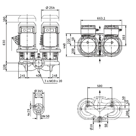 Pompa obiegowa WILO CronoTwin-DL-E 50/180-7,5/2 IE4 typu in-line z silnikiem znormalizowanym 50/60 Hz, moc silnika 7.5kW 13.3 A 2900 obr/min, wlot Kołnierz DN 50