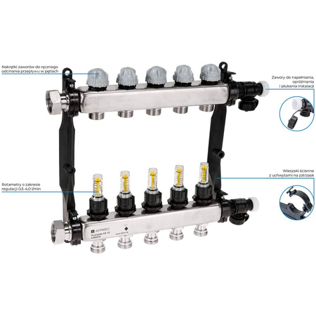 Rozdzielacz do ogrzewania podłogowego AFRISO ProCalida VA 1C 5-obieg. stal nierdzewna GZ 1'' x euroconus 3/4''