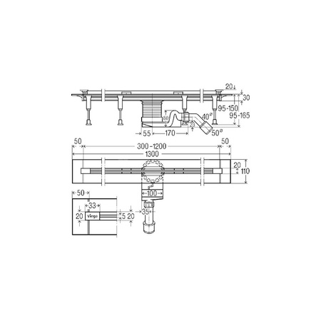 Odpływ prysznicowy prostokątny VIEGA 496510, 1300 x 110 x 95 mm, dł: 1200 mm, szer: 20 mm, z syfonem