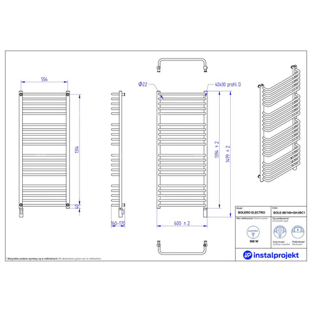 Grzejnik elektryczny (suszarka) INSTAL-PROJEKT BOLERO ELECTRO, wym. 1394 (1499 z grzałką)/600 mm, kolor biały połysk,  moc 900 W