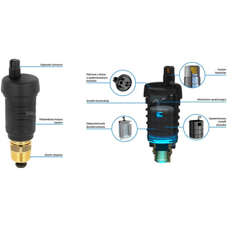Odpowietrznik automatyczny pionowy, hybrydowy PrimoVent G3/8'' z Aquastop i zaworem stopowym, R1/2''