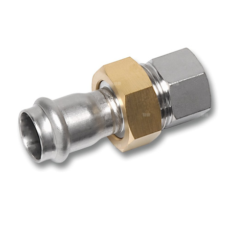 Śrubunek SANHA NiroSan Press z uszczelką i nakrętką z mosiądzu trzyczęściowy, stal nierdzewna, 22 mm x 3/4'' (zw x GW)