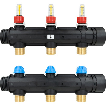 Trzy obiegi rozdzielacza ProCalida IN 1 1/2'', rozstaw 100 mm, G1'', rotametry 4÷20 l/min