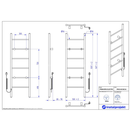 Grzejnik elektryczny (suszarka) INSTAL-PROJEKT PRIMAVERA ELECTRO, wym. 1600/500 mm, kolor czarny mat,  moc 120 W