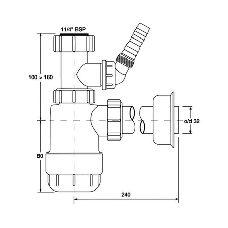 Syfon umywalkowy butelkowy "niski" 11/4"x32mm z podłączeniem pralki lub zmywarki bez spustu