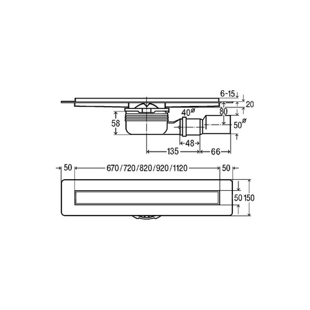 Odpływ prysznicowy prostokątny VIEGA 498320, 900 x 150 x 121 mm, dł: 820 mm, szer: 50 mm, z syfonem