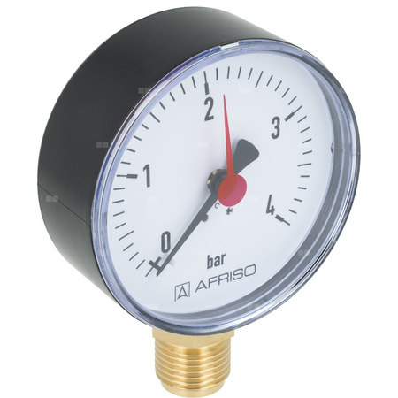 Manometr z rurką Bourdona AFRISO RF grzewczy 0/4 bar G1/2B radialne fi 80 mm, kl. 2.5%