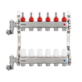 Rozdzielacz stalowy F-Comfort z zaworami termostatycznymi, przepływomierzami, ręcznym odpowietrznikiem i zaworem spustowym, 5-drogowy