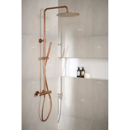 MOZA Deszczownia wannowa PREMIUM z dłuższym drążkiem, z Baterią natryskową termostatyczną, Brushed rose gold PVD