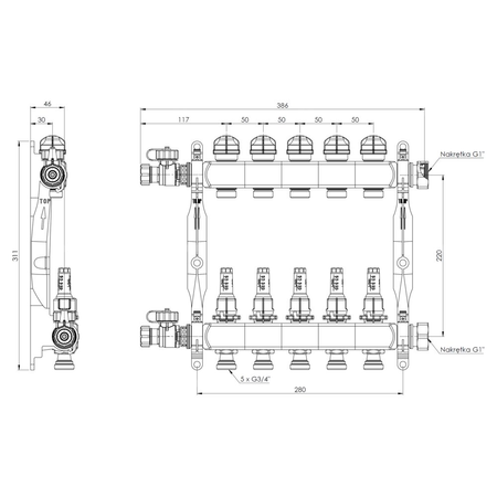 Rozdzielacz do ogrzewania podłogowego AFRISO ProCalida VA 1C 5-obieg. stal nierdzewna GZ 1'' x euroconus 3/4''