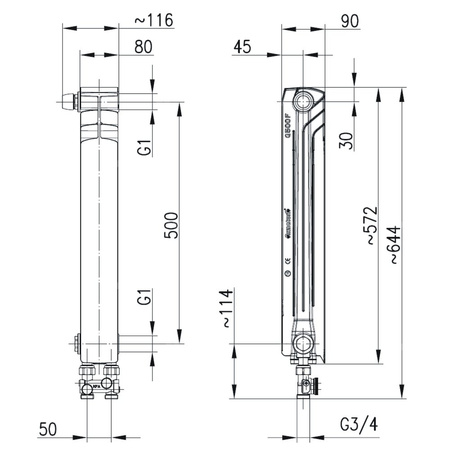 Grzejnik żeberkowy KFA Armatura G500F/D/1 aluminium, podłączenie dolne, lewe, proste 572 x 80 mm, kolor biały (RAL 9016)