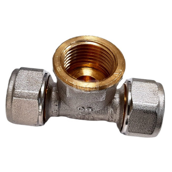 Trójnik QIK Skręcany do rur wielowarstwowych mosiądz 26 mm x 1'' x 26 mm (złącze skręcane x GW x złącze skręcane)