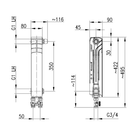 Grzejnik żeberkowy KFA Armatura G350F/D/1 aluminium, podłączenie dolne, prawe, proste 422 x 80 mm, kolor biały (RAL 9010)