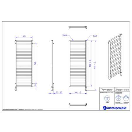 Grzejnik elektryczny (suszarka) INSTAL-PROJEKT POPPY ELECTRO, wym. 1310 (1415 z grzałką)/500 mm, kolor czarny mat,  moc 600 W