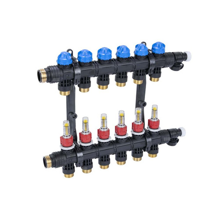 Rozdzielacz do ogrzewania podłogowego AFRISO ProCalida EF1 K 6-obieg. poliamid GZ 1'' x euroconus 3/4'' + przepływomierz + zawór napełn/spust