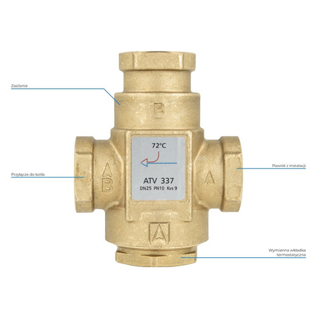 Zawór temperaturowy ATV 337, DN25, Rp1'', kvs 9, 72'C