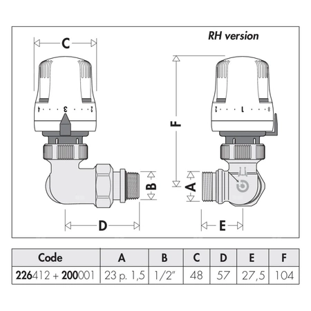 3-osiowy grzejnikowy zawór termostatyczny. Wykonanie prawe 1/2"