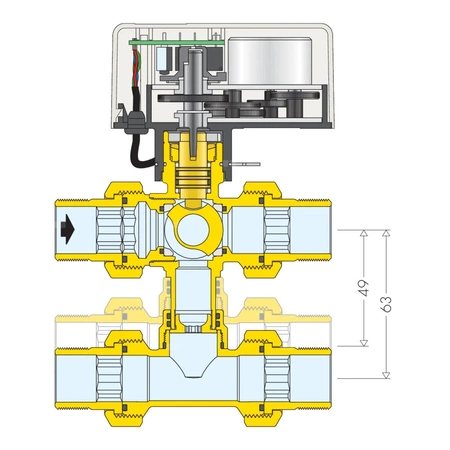 Trójdrożny kulowy zawór strefowy z trójnikiem obejściowym, z napędem 1"-230V