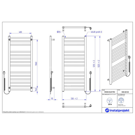 Grzejnik elektryczny (suszarka) INSTAL-PROJEKT VIKING ELECTRO, wym. 1223/530 mm, kolor biały połysk,  moc 230 W